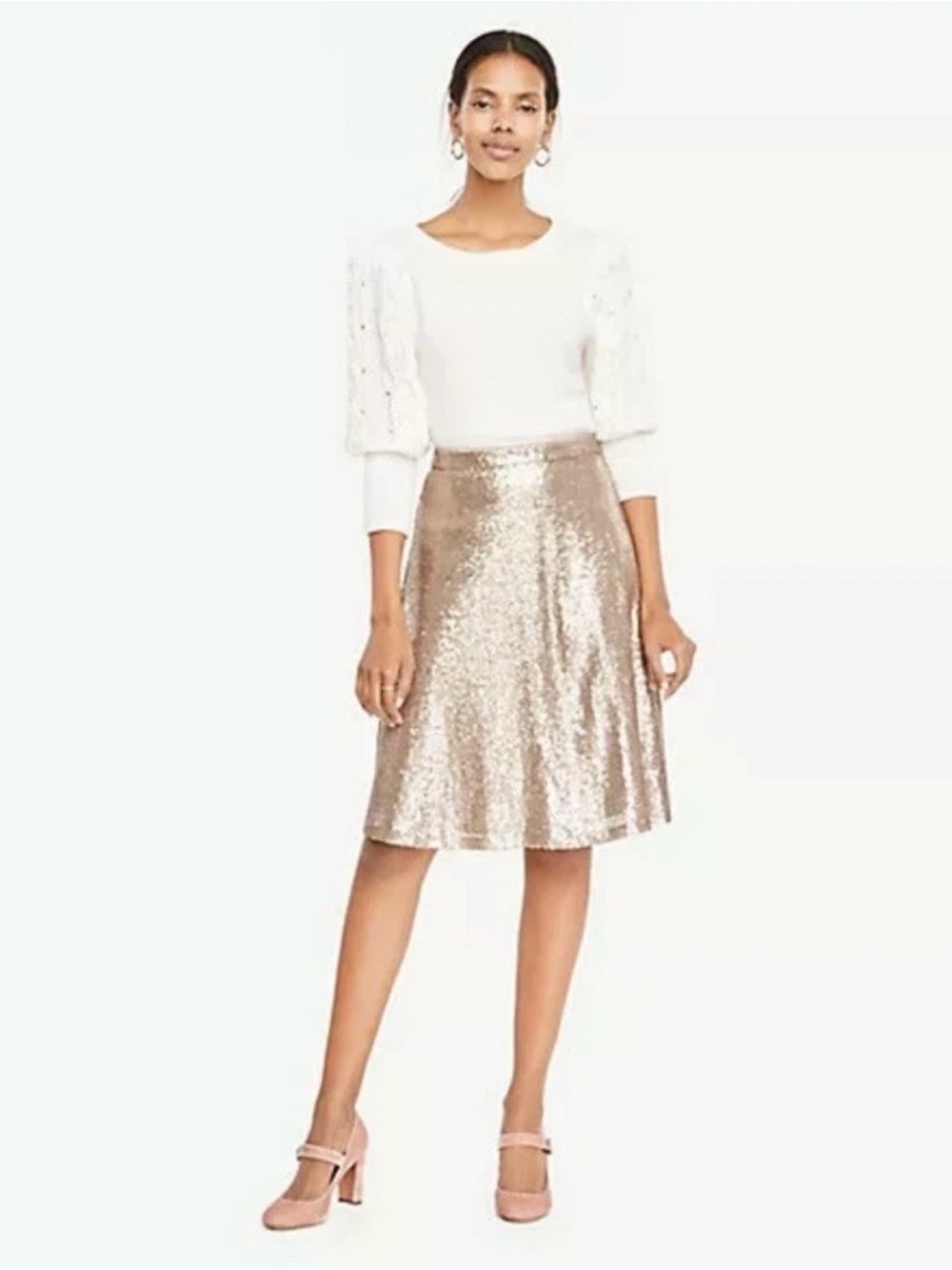 ANN TAYLOR Petite Gold Sequin A-line Skirt Size 4P Zip Closure Party Formal